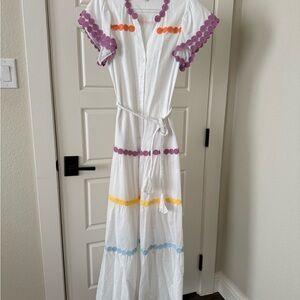 Hale Bob White Maxi Dress with Purple, Yellow, and Blue Accents